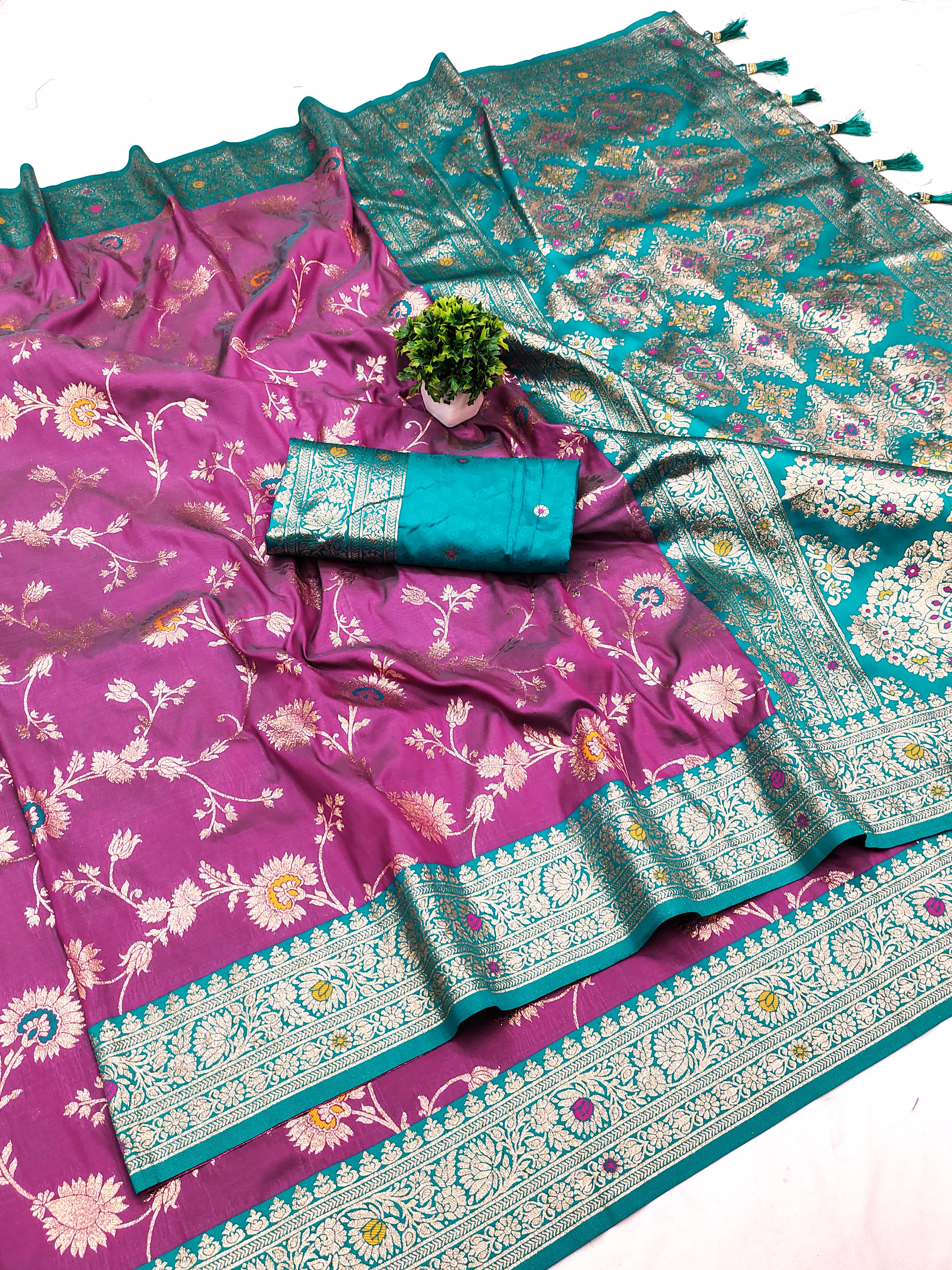 Soft Banarasi Silk Saree with Zari Weaving & Meenakari Work – Rich Pallu & Contrast Border
